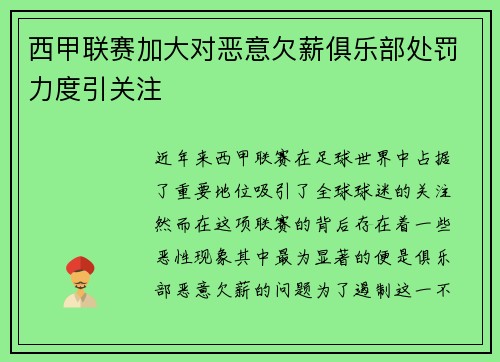 西甲联赛加大对恶意欠薪俱乐部处罚力度引关注